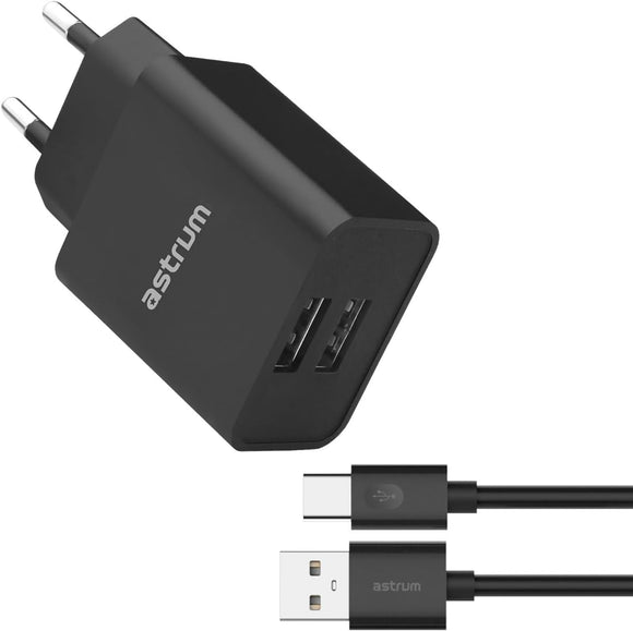 Astrum Pro Dual U24 USB Wall Charger with 5V output, 2.4A, 12W power, 180-240V input, smart IC, overvoltage protection, fast charge, dual USB port, USB C Cable- Black