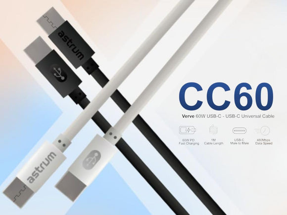 Astrum Verve CC60 USB-C to USB-C charging cable with 60W PD OD size 3.5mm 480 mbps data transfer