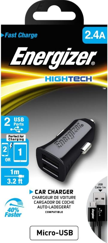 Energizer 2.4Amp Dual USB Car Charger with Micro USB Cable Black