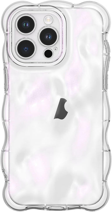 UEEBAI Case for iPhone 14 Pro Max, Cute Clear Curly Wave Shape Shockproof Soft TPU Bumper Phone Case, Transparent Water Ripple 3D Silicone Slim Pretty Case Non-yellowing Cover, Transparent Pink