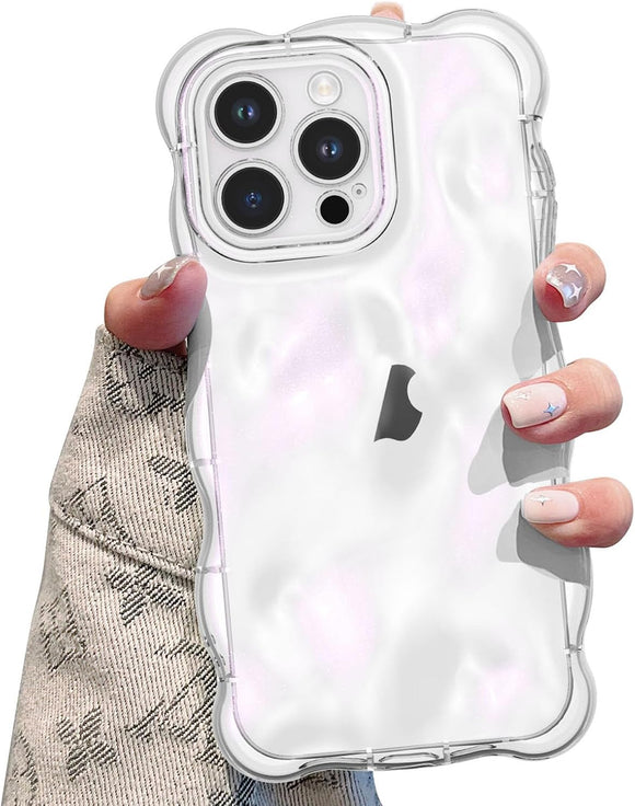 UEEBAI Case for iPhone 14 Pro Max, Cute Clear Curly Wave Shape Shockproof Soft TPU Bumper Phone Case, Transparent Water Ripple 3D Silicone Slim Pretty Case Non-yellowing Cover, Transparent Pink