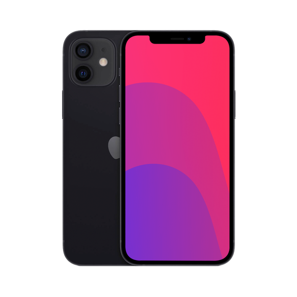 Black Apple iPhone shown from the front and back, featuring a dual-camera system on the rear and a colorful pink, purple, and blue gradient screen on the front, isolated on a white background.